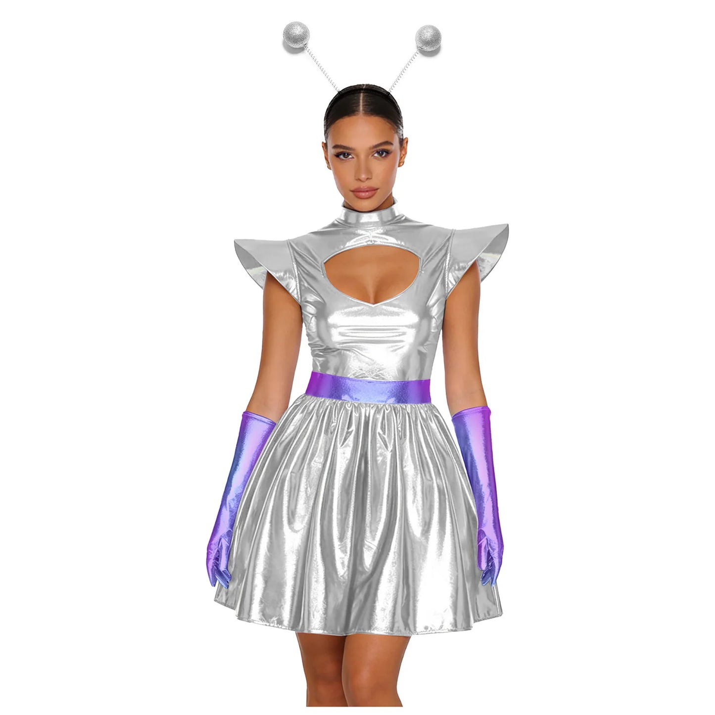 Adult Women Alien Outerspace Halloween Costume Dancewear Sleeveless Space Cadet Leotards - B-Blue / XL