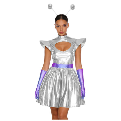 Adult Women Alien Outerspace Halloween Costume Dancewear Sleeveless Space Cadet Leotards - B-Blue / XL