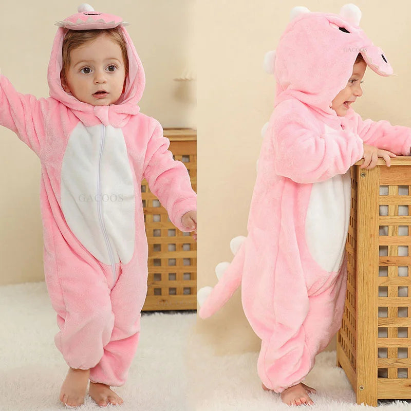 Dinosaur Winter Baby Romper Kigurumi Costume Flannel Hooded Bodysuit Pajamas Animal