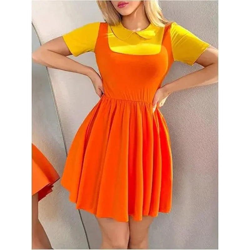 Kids' Movie Korean Game Two Tone Crew Neck Mini Short Sleeve Ruffle A Line Halloween - Orange / Adults L