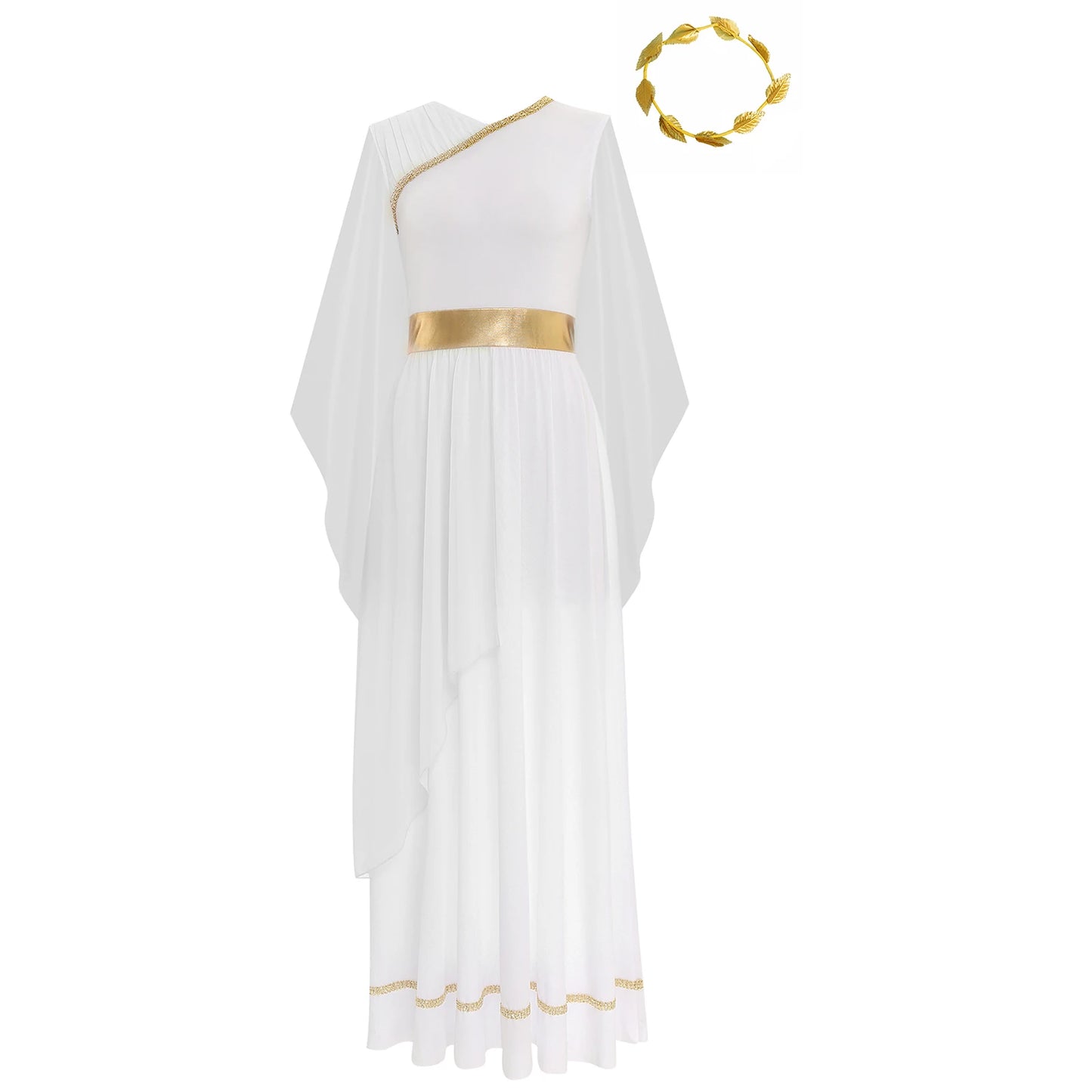 Women's Halloween Greek Beauty Costume Gold Leaves Garland Headwear and Cap Sleeve Ancient - Champagne / 3XL