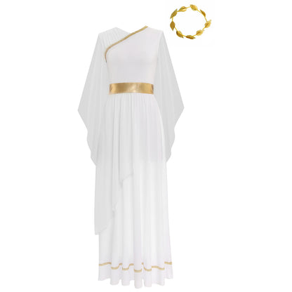 Women's Halloween Greek Beauty Costume Gold Leaves Garland Headwear and Cap Sleeve Ancient - Champagne / 3XL