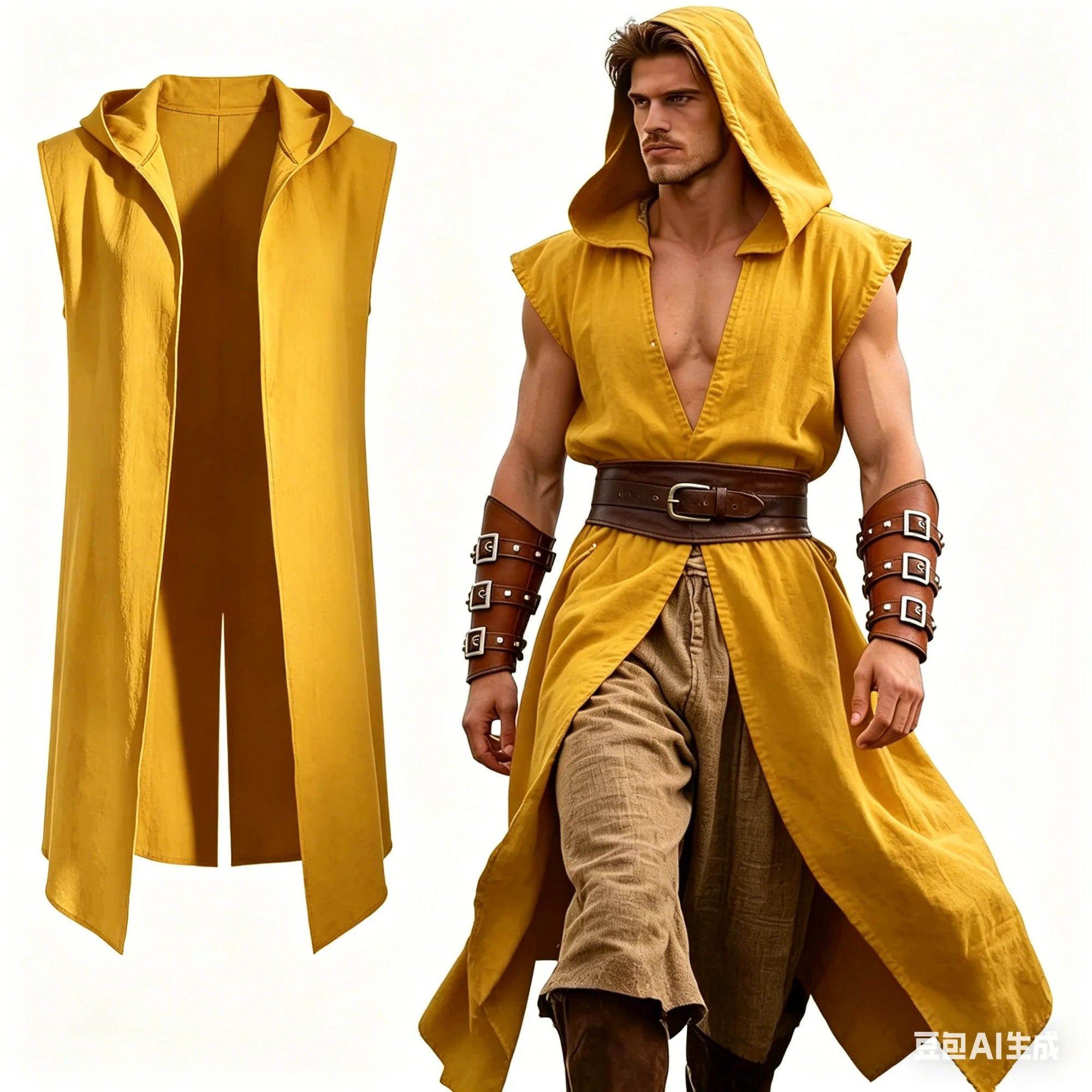 Medieval Costume Men Viking Hooded Sleeveless Surcoat, Mens Renaissance Costume Cloak for Halloween Assassin - product image 6