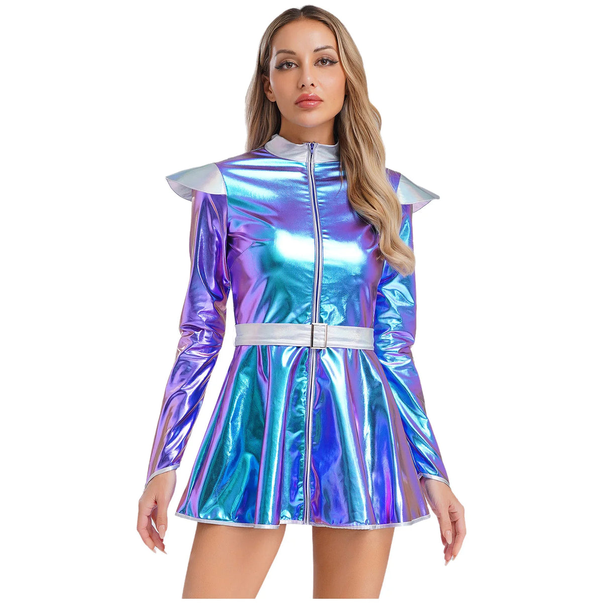 Woman's Outerspace Astronaut Alien Robot Cosplay Costume Metallic Long Sleeve Zip Up A Line Dance Dress for Theme Club Party