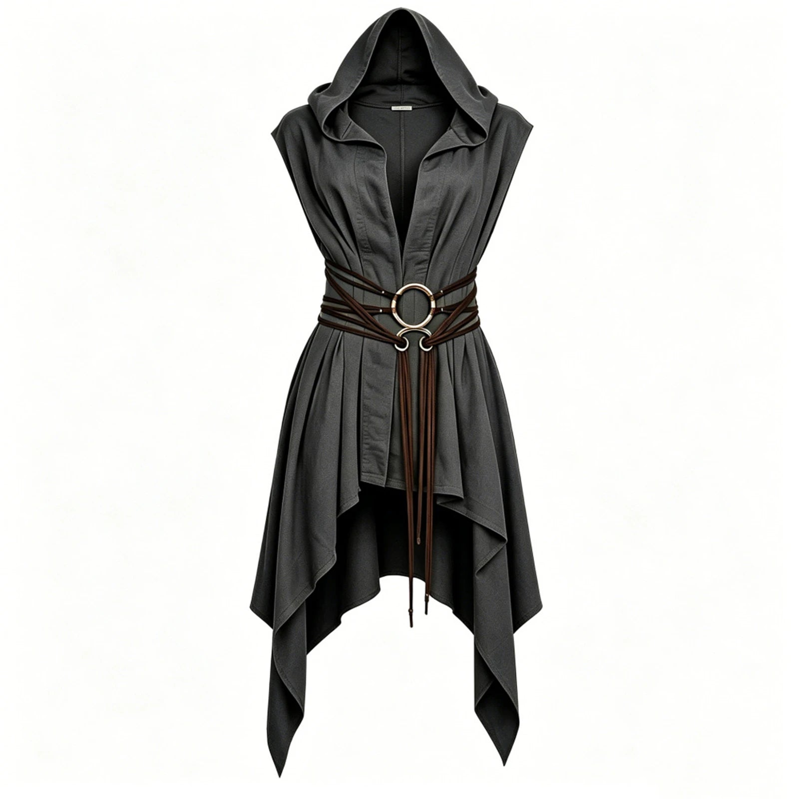 Women Irregular Hem Renaissance Elf Tunic Robe Medieval Ranger Hooded Sleeveless