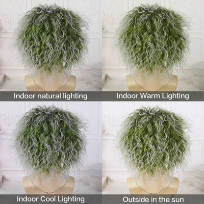 Green Wig With Bald Cap Clown Short Curly Wig Green Fluffy Wavy Wig Party Cosplay Wigs Halloween Wig  Men, 6 Inch Synthetic Wigs