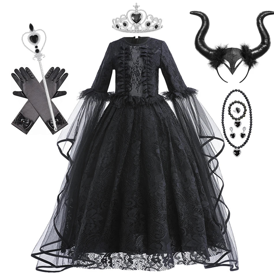 Halloween Dress For Girls Evil Witch Cosplay Costumes Children Lace Ruffles Floor Length Outfits Kids - product image 14