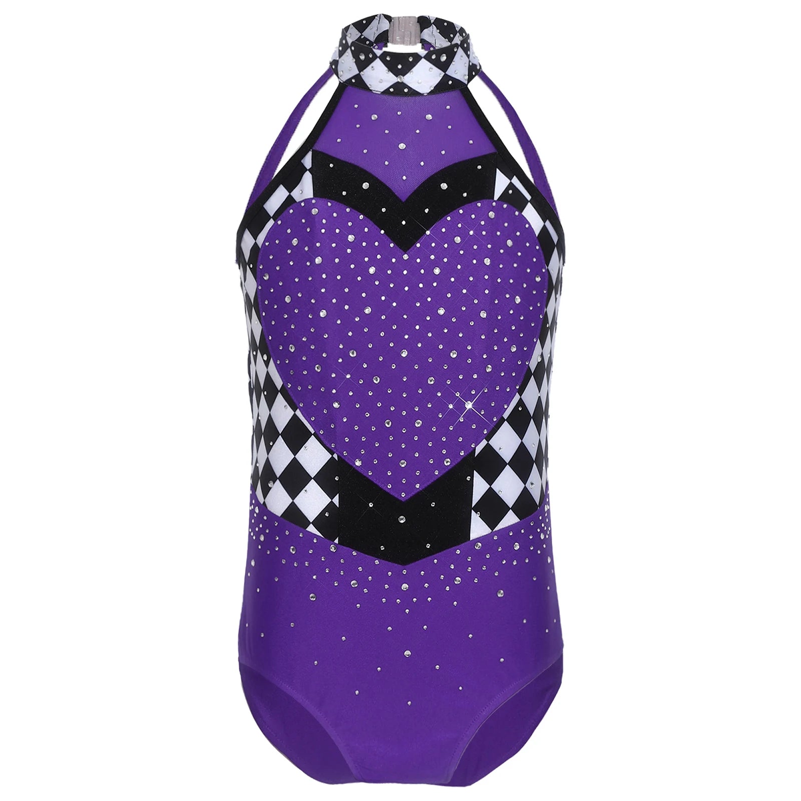 Kids Girls Circus Ringmaster Clown Costume Halter Rhinestone Checked Skirted Leotard - Green A / 12