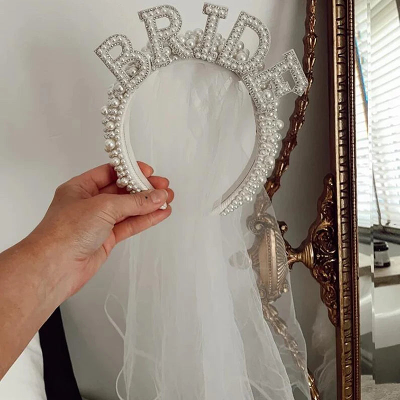 White Bride Headband Pearl Crown with Veil Bride To Be Wedding Decoration - product image 6