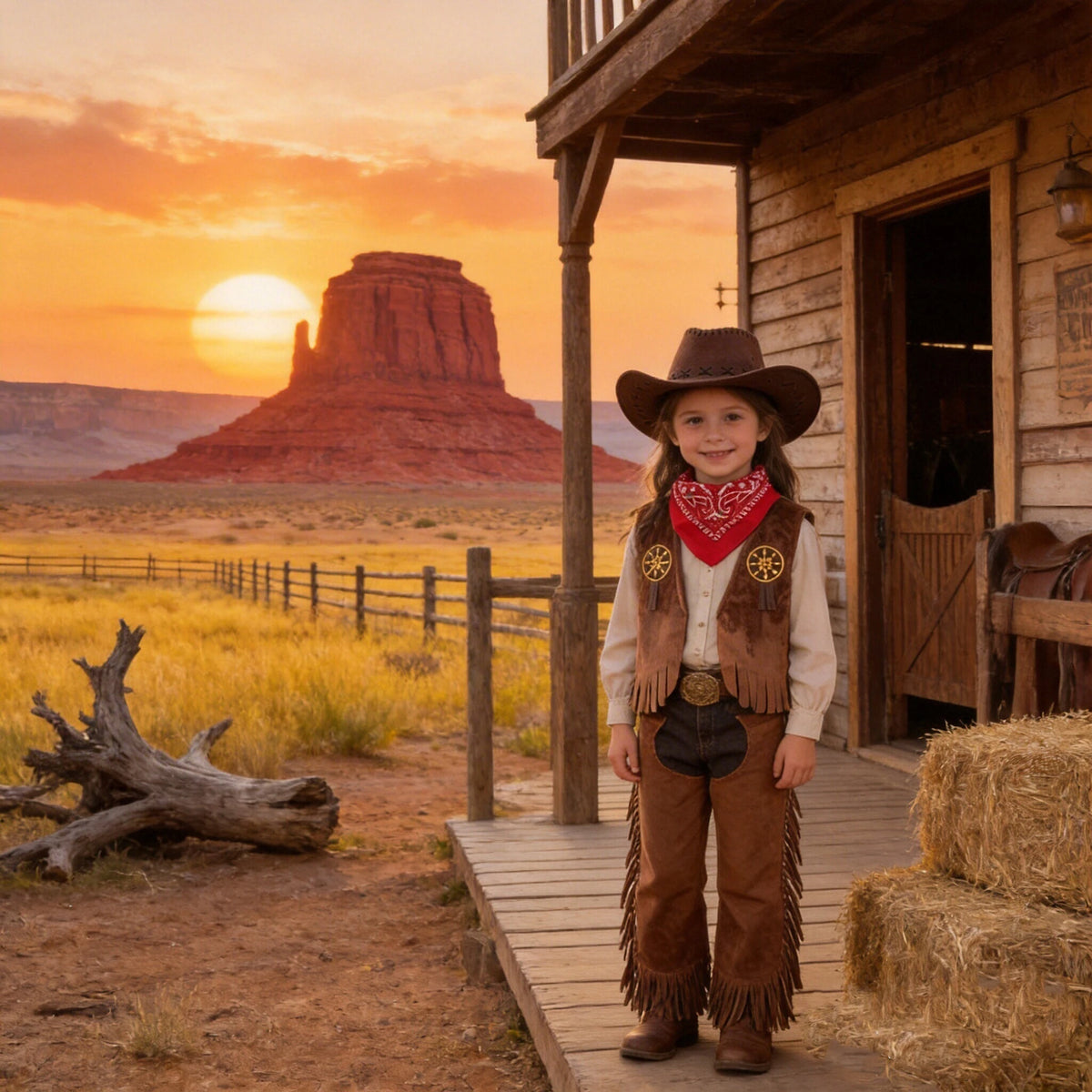 Kids Cowboy Brown Fleece Cowboy Vest with Bandanna & Hat Set Children Western Role