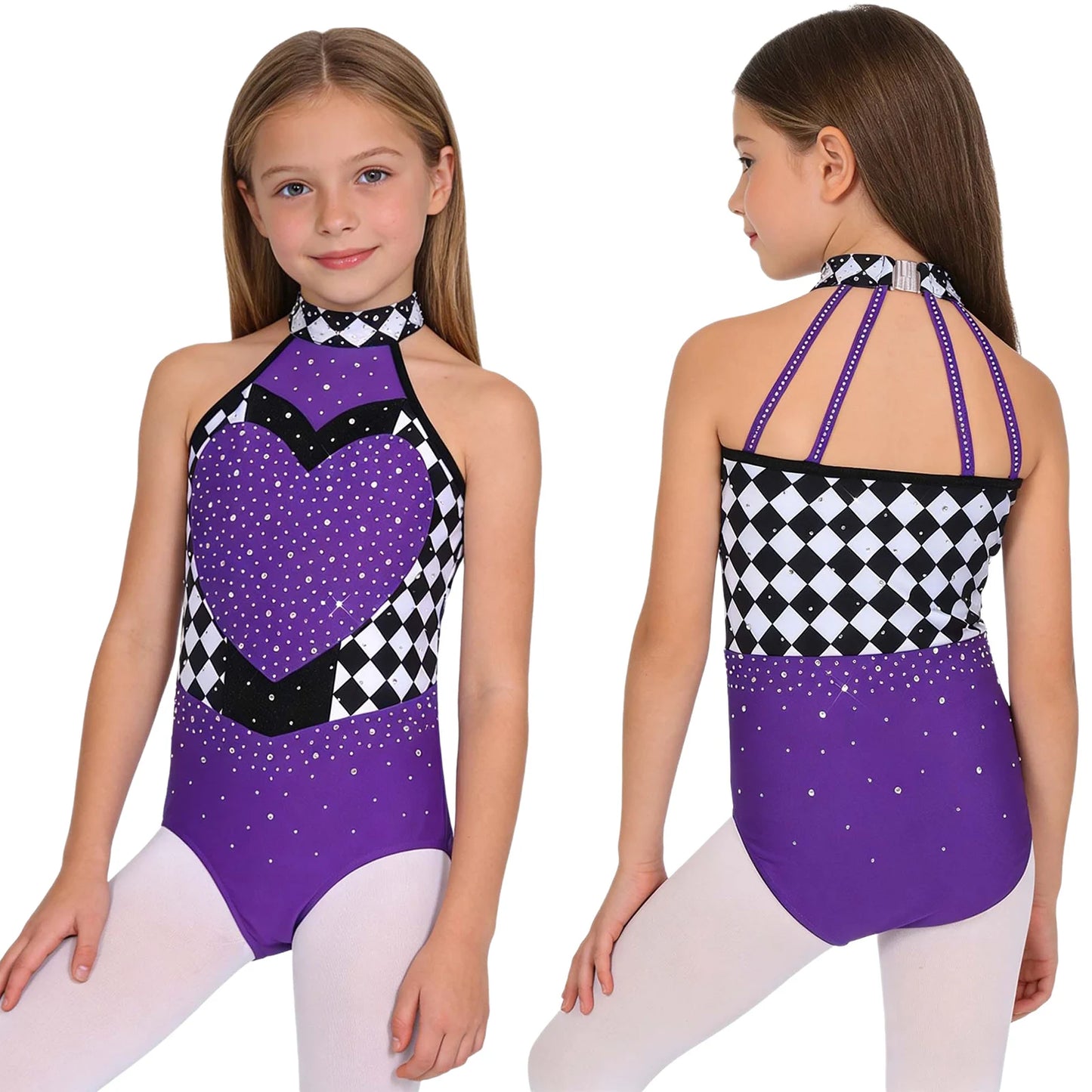 Kids Girls Circus Clown Mad Hat Costume Rhinestones Halter Sleeveless Plaid Jumpsuit - Blue A / 10