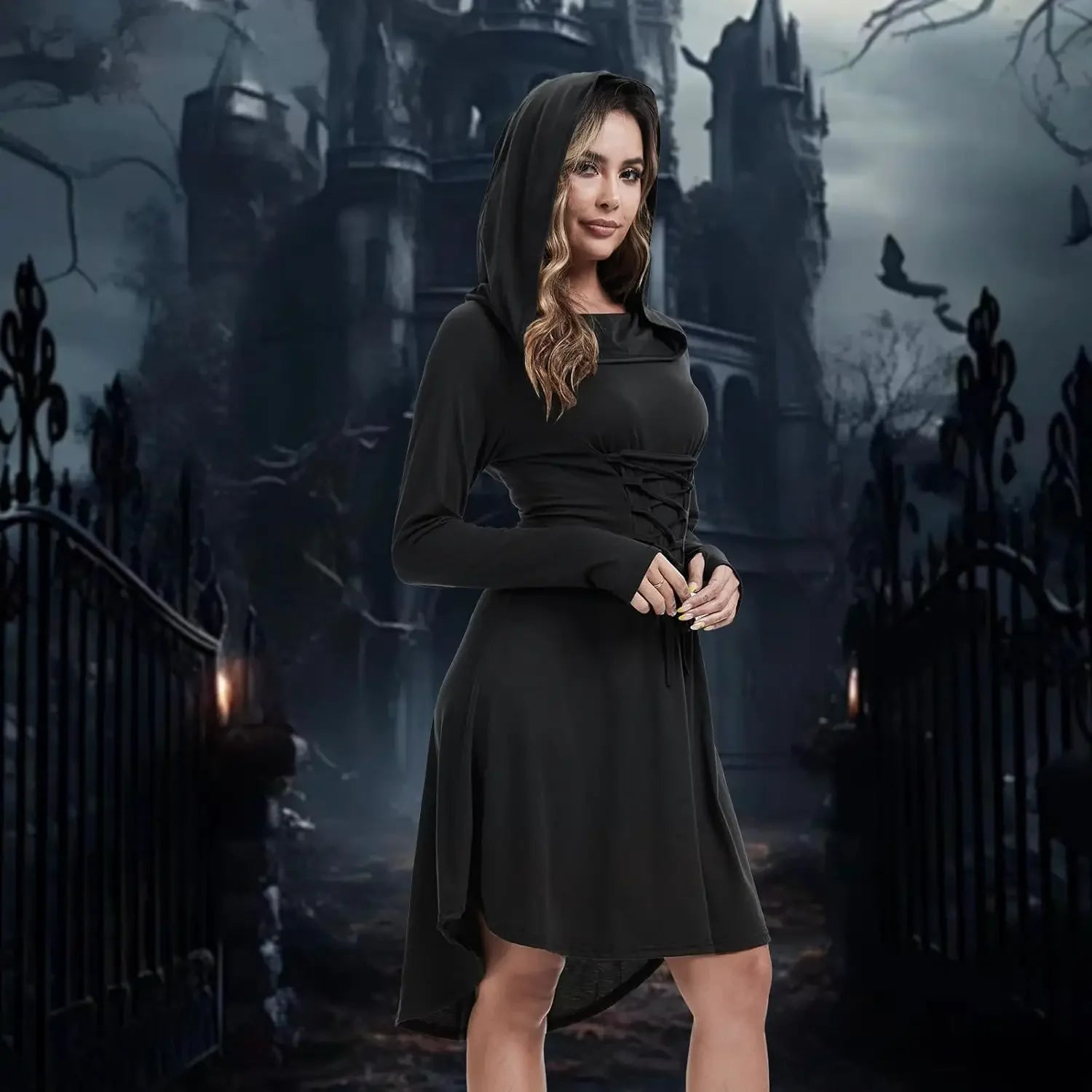 Womens Renaissance Costumes Hooded Robe Lace Up Halloween Medieval High Low Long Hoodie Dress Cloak - product image 2