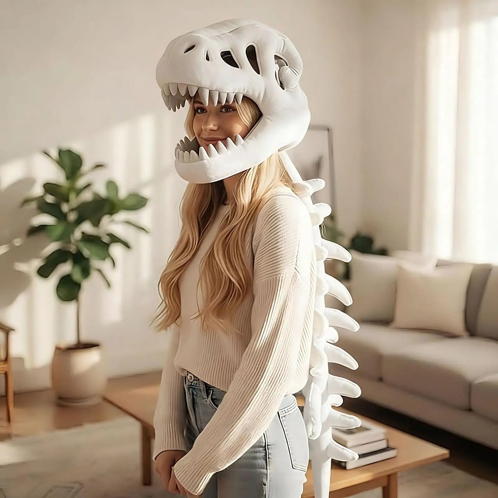 Funny Dinosaur Skeleton Headpiece Wearable Plush Costume Hat Soft Dino Skull Toy For Adults Kids Boys Girls - product image 5