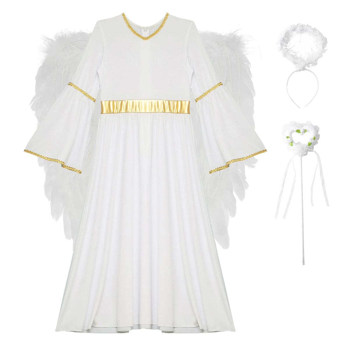 4Pcs Girls Angel Costume Outfits White Long Sleeve Dress with Feather Wings Hairband