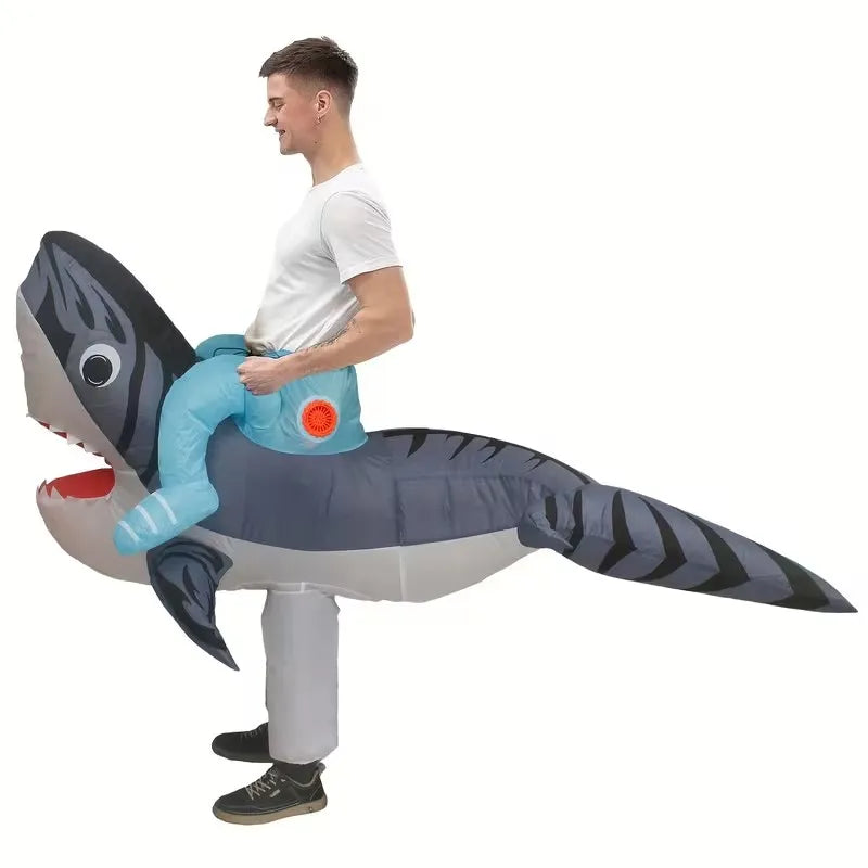 Inflatable Ride of Shark Costume for Adult Blow Up Green Riding A Shark Cosplay Costume Funny Halloween Party Carnival Suit