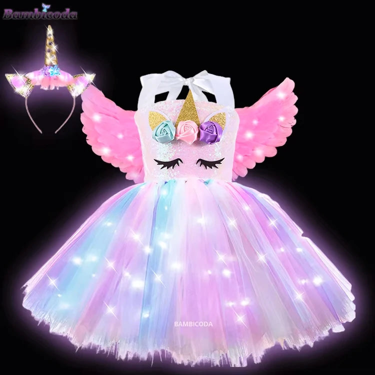 Girls Shiny Unicorn Tutu Led Lighting Dress Glowing Dresses Princess Dress Clothing