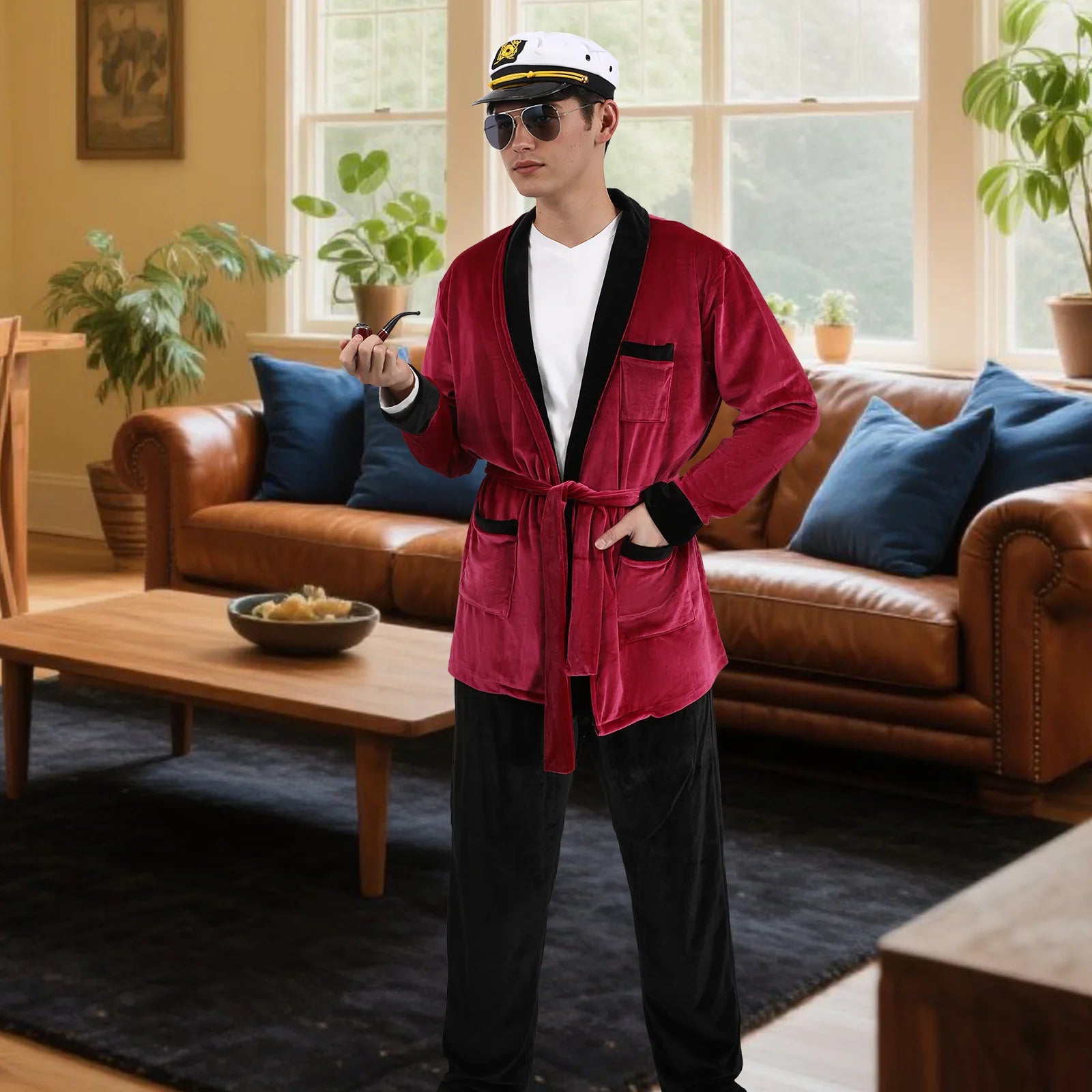 Men Velvet Robe Silky Long Sleeve Bathrobe Pajama with Sunglasses Captain Hat Belt PantsHalloween
