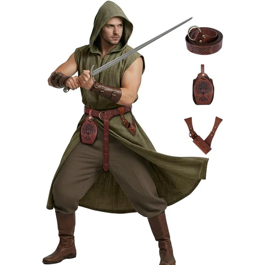 Men's Medieval Renaissance 4PC Viking Hooded Sleeveless Surcoat Apparel Costume