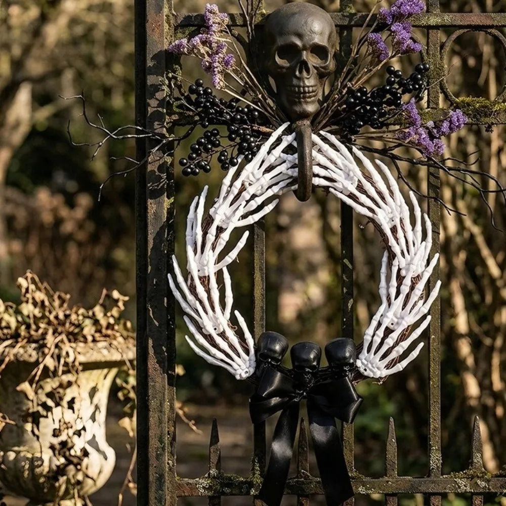 Dark Style Halloween Skeleton Hand Wreath Black Ribbon Black Bow Halloween - product image 3