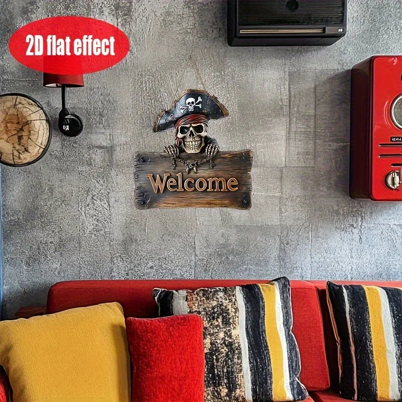 2D Flat 1pc Pirate Skull Welcome Sign Rustic Wooden Door Decoration with Pirate Skull and Crossbones Halloween Party Decoration