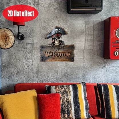2D Flat 1pc Pirate Skull Welcome Sign Rustic Wooden Door Decoration with Pirate Skull and Crossbones Halloween Party Decoration