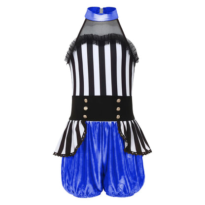 Kids Girl Halloween Circus Clown Costume Shiny Striped Tutu Leotard Ballet Gymnastics - Royal Blue / 6