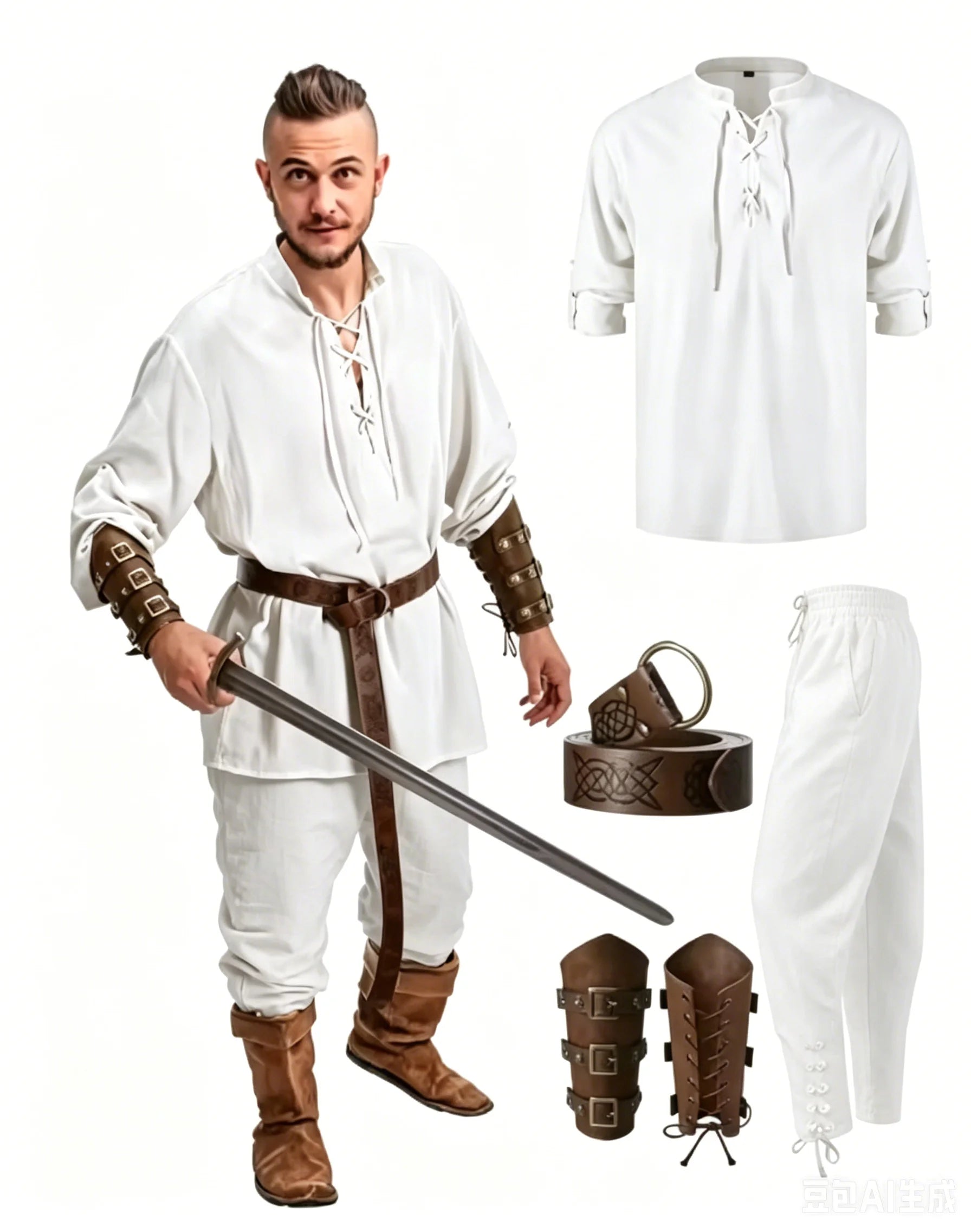 4 Pcs Men's Renaissance Costume Set Medieval Pirate Shirt Ankle Banded Pants Viking