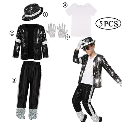 Kids Michael Jackson Costume Boys Superstar Singer Outfit Halloween Carnival Stage Performance Dance Cosplay Party Costume