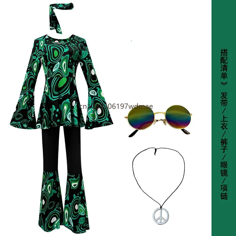 Women's Disco Multi-color Print Costume Hippie Cosplay Performance Clothes with Headband Set Female Dance - product image 17