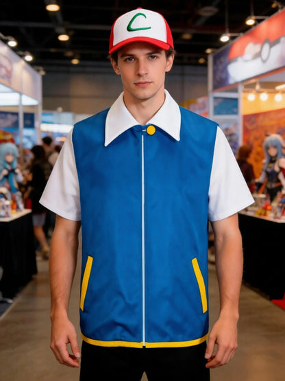 Men Anime Trainer Costume Ash Ketchum Adult for Madam Halloween Women Blue Jacket Cap and - Full Set 5pcs / KIDS 150