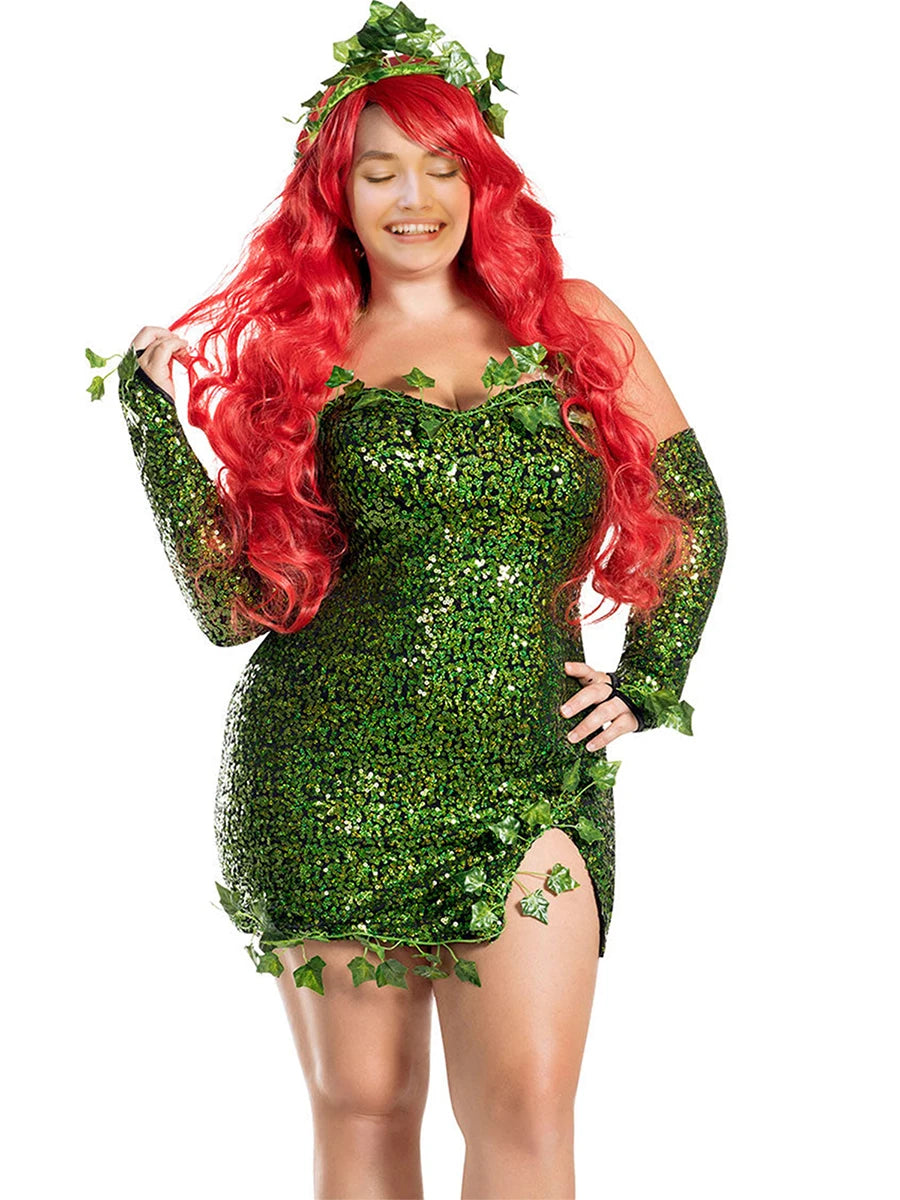 Women's Green Ivy Halloween Cosplay Costume Party Deluxe Sleeveless Fake Leaves Strapless Sequin Mini Dress - product image 2