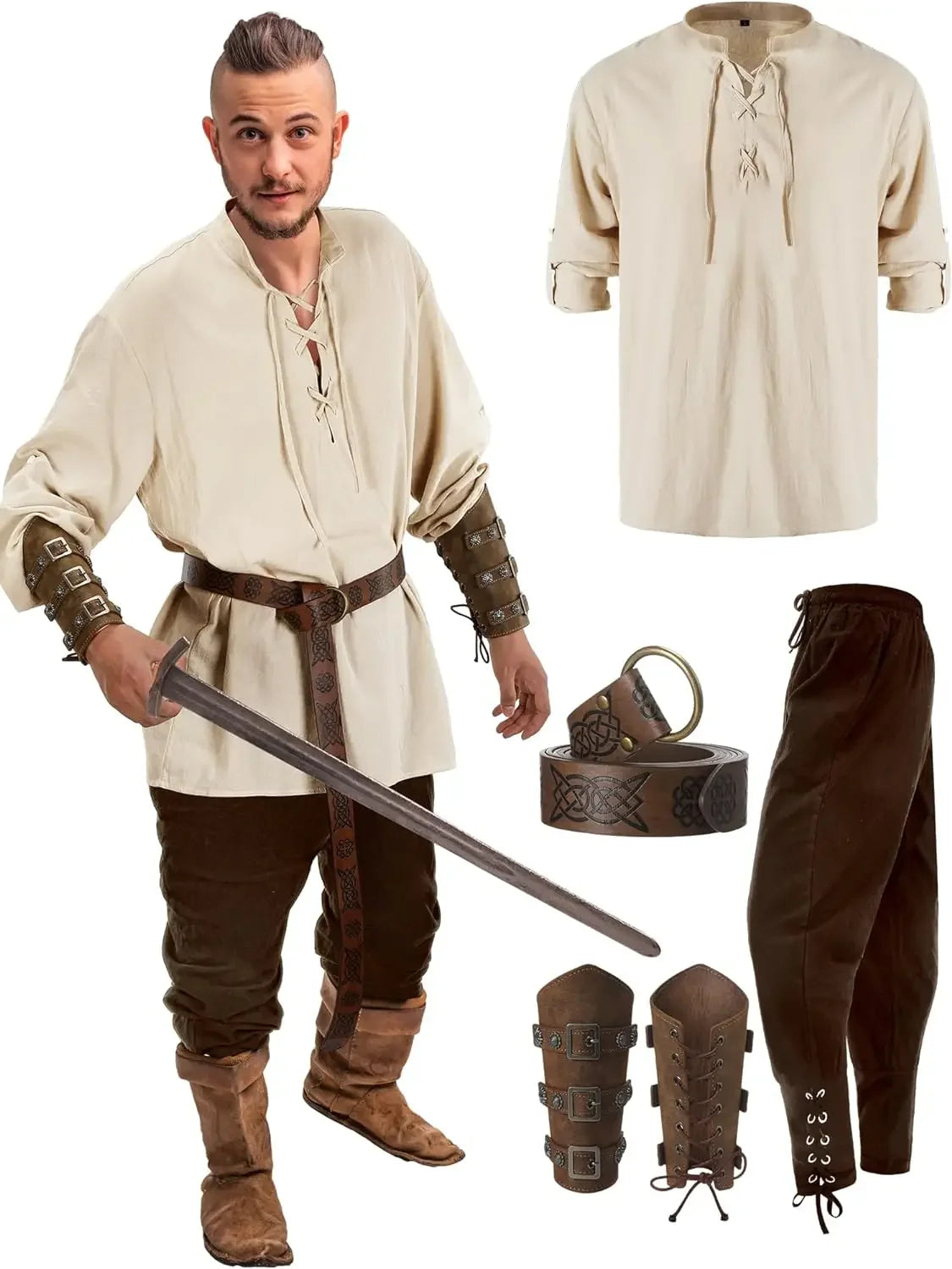 4 Pcs Halloween Men's Renaissance Costume Set Medieval Pirate Shirt Ankle Banded Pants Viking Belt Accessories - product image 6