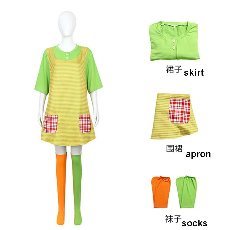 Pippi Longstocking Cosplay Costume Full Set Green T-Shirt Apron - view 2