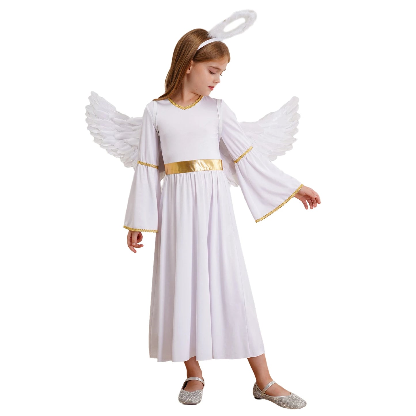 Girls Angel Costume Halloween Greek Goddesses Theme Dress Up Gold Trim Gown Dress Hairband - Red White / 16