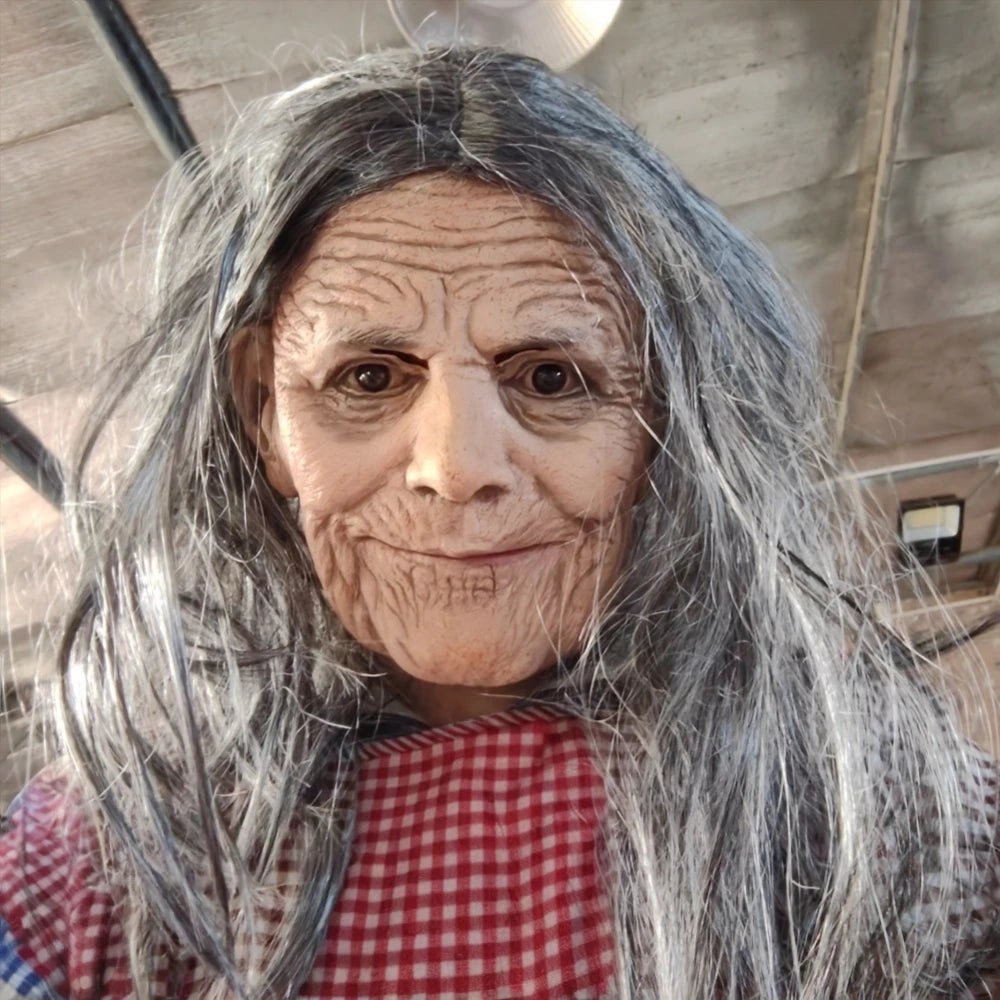 Realistic Granny Old Woman Latex Mask Moving Mouth Soft Rubber Grandma Masque with Grey Hairfor Halloween