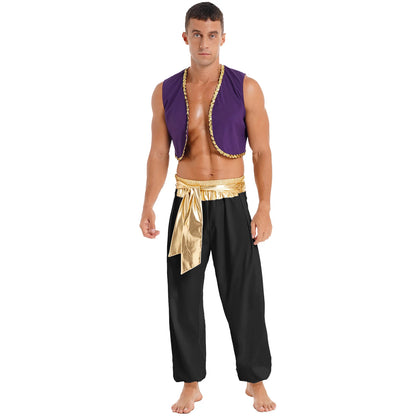 Men's Arabian Prince Mythical Aladdin Sequin Trim Waistcoat Belted Pants Costume - alternate view 4