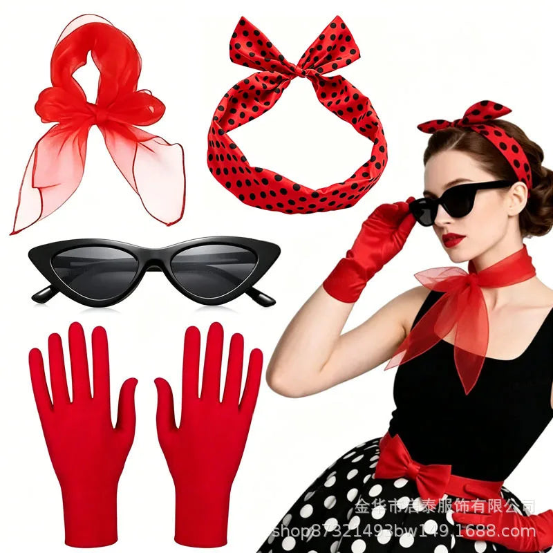 50s 60s Women's Costume Retro Party Outfit Set with Headband Scarf Glasses Gloves Accessories - product image 3