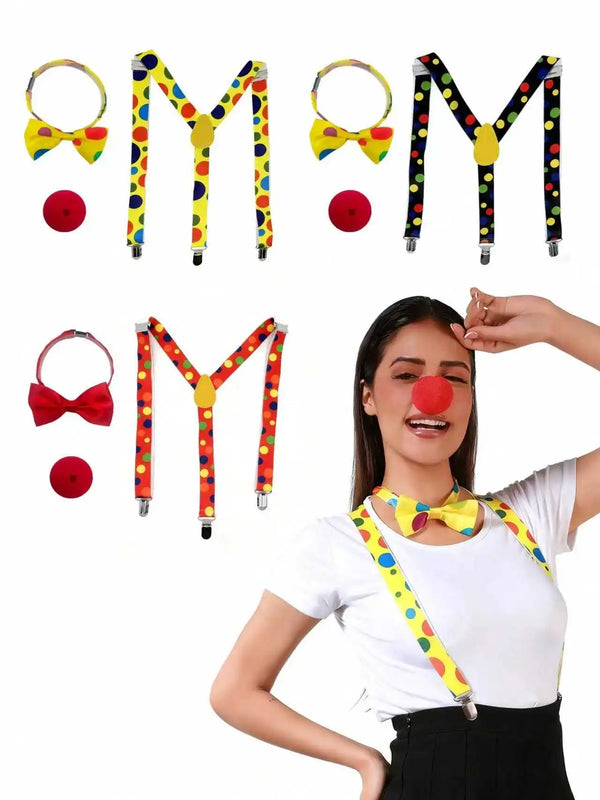3Pcs Clown Outfit Kit Colorful Dot Suspenders + Bowtie + Red Foam Nose Dress Up - YELLOW