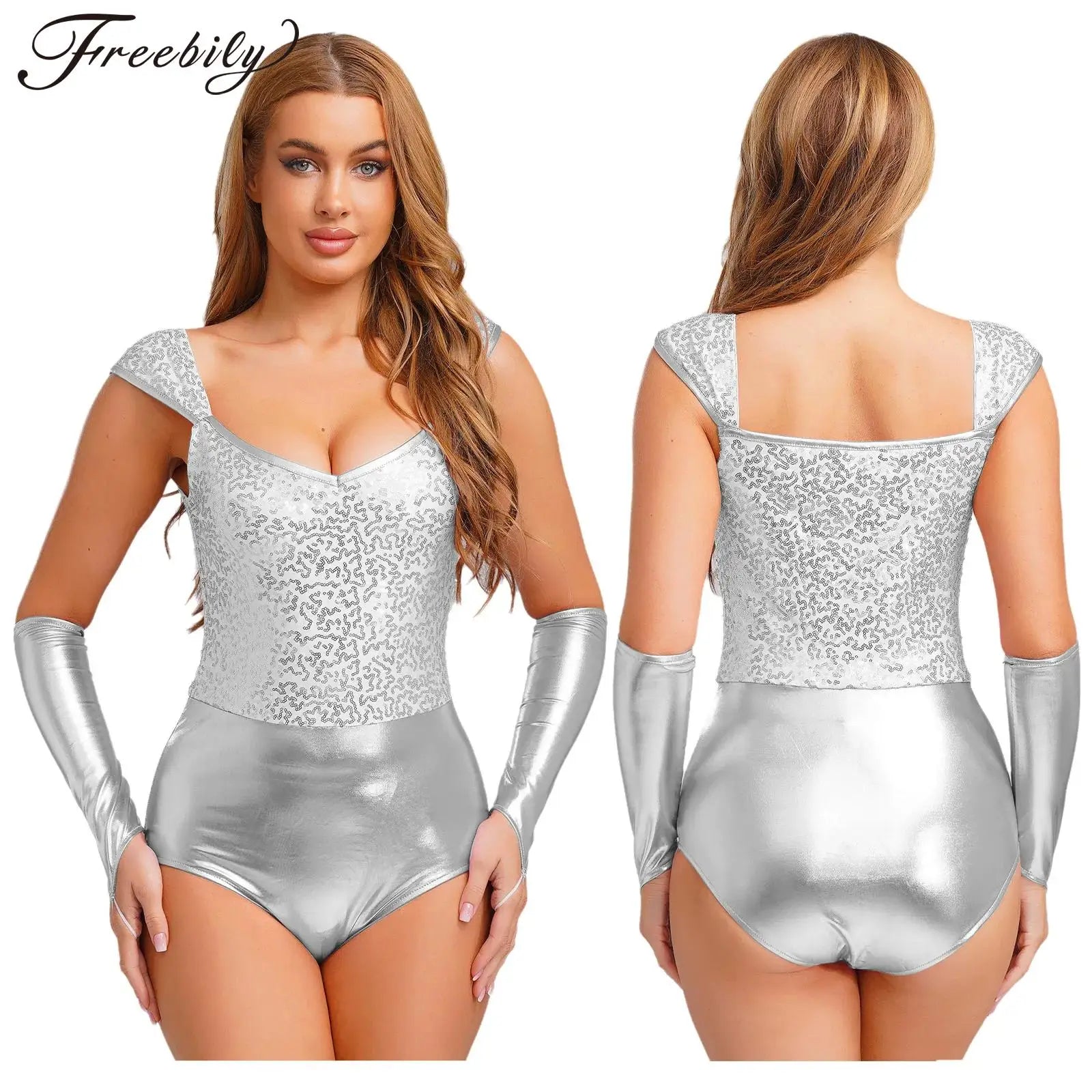 Adult Tin Glittery Sequin Metallic Shiny Bodysuit Removable Sleeves Dance Costume
