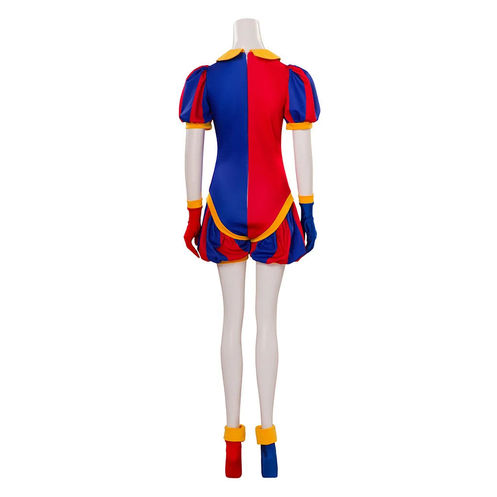 Adult Women Clown Costume Hat Disguise Blue Red Jumpsuit Jester Halloween Fancy Dress Up - set / L