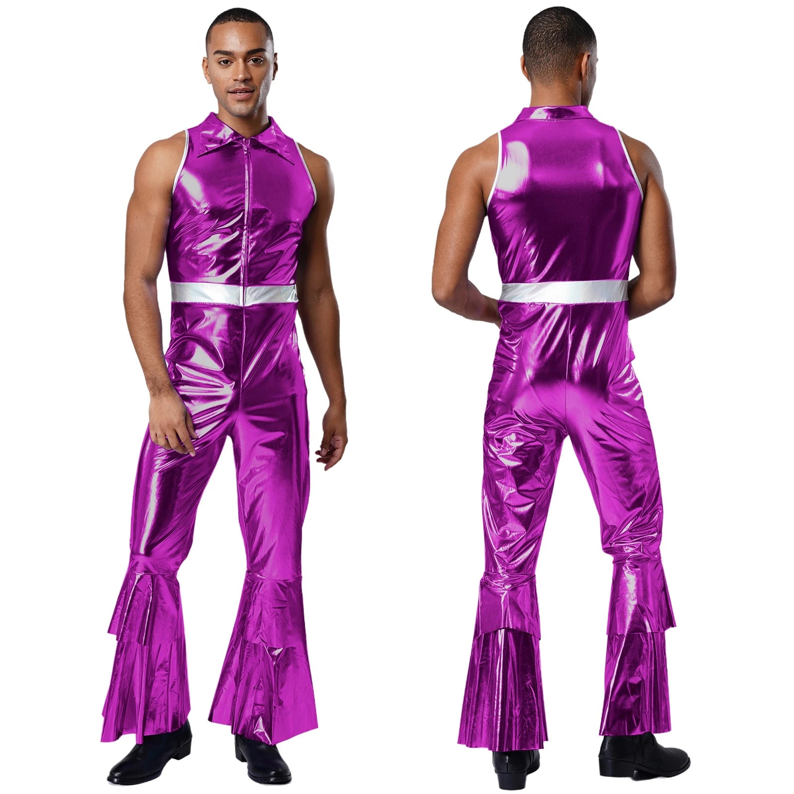 Adult Mens Shiny Metallic 70s Disco Costume Lapel Collar Sleeveless High Waist Flared Jumpsuit Rock Disco - product image 7