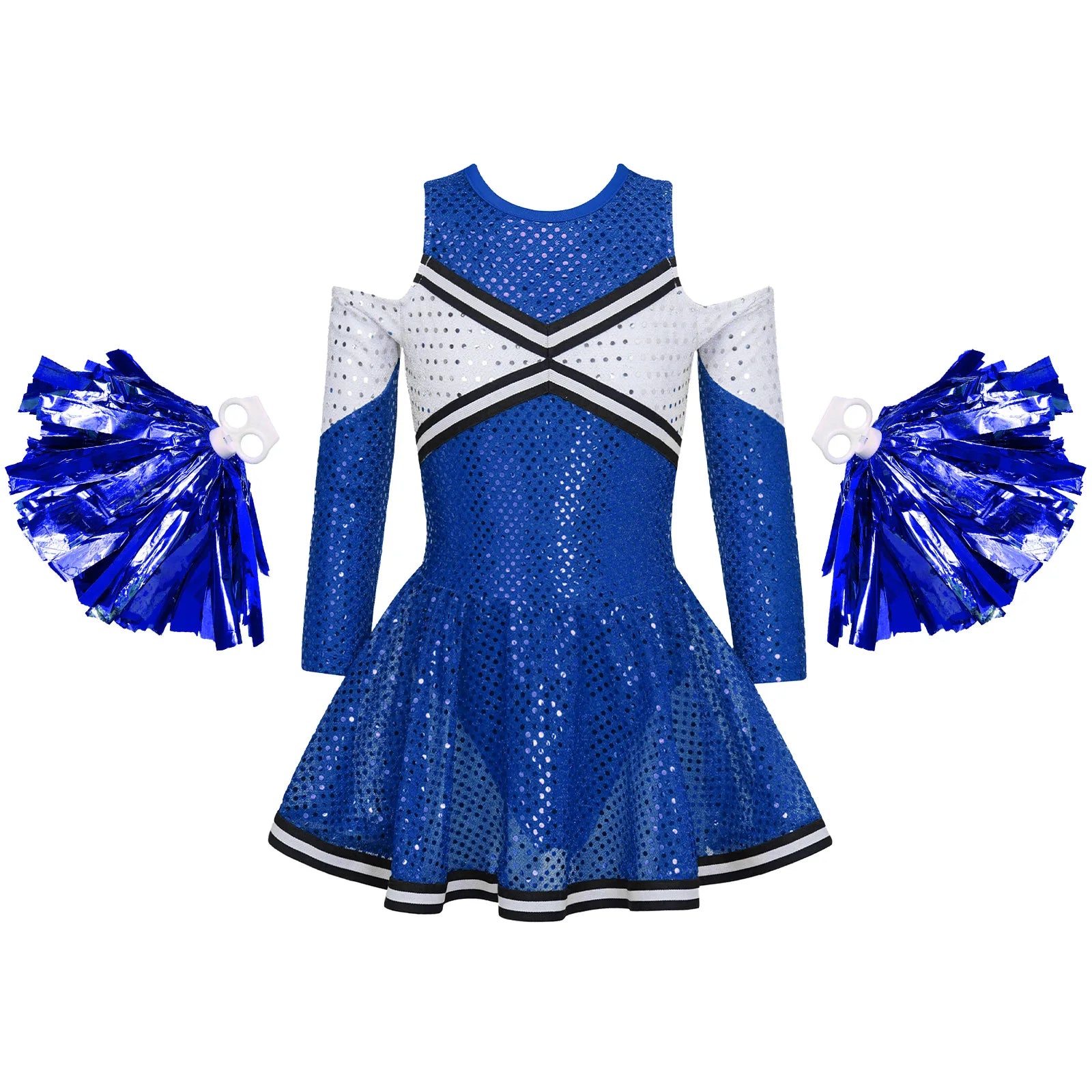 Kids Girls Cheerleader Costume Halloween Cosplay Cheerleading Dance Outfits Sequins Dress with Pom Poms Bow - product image 6
