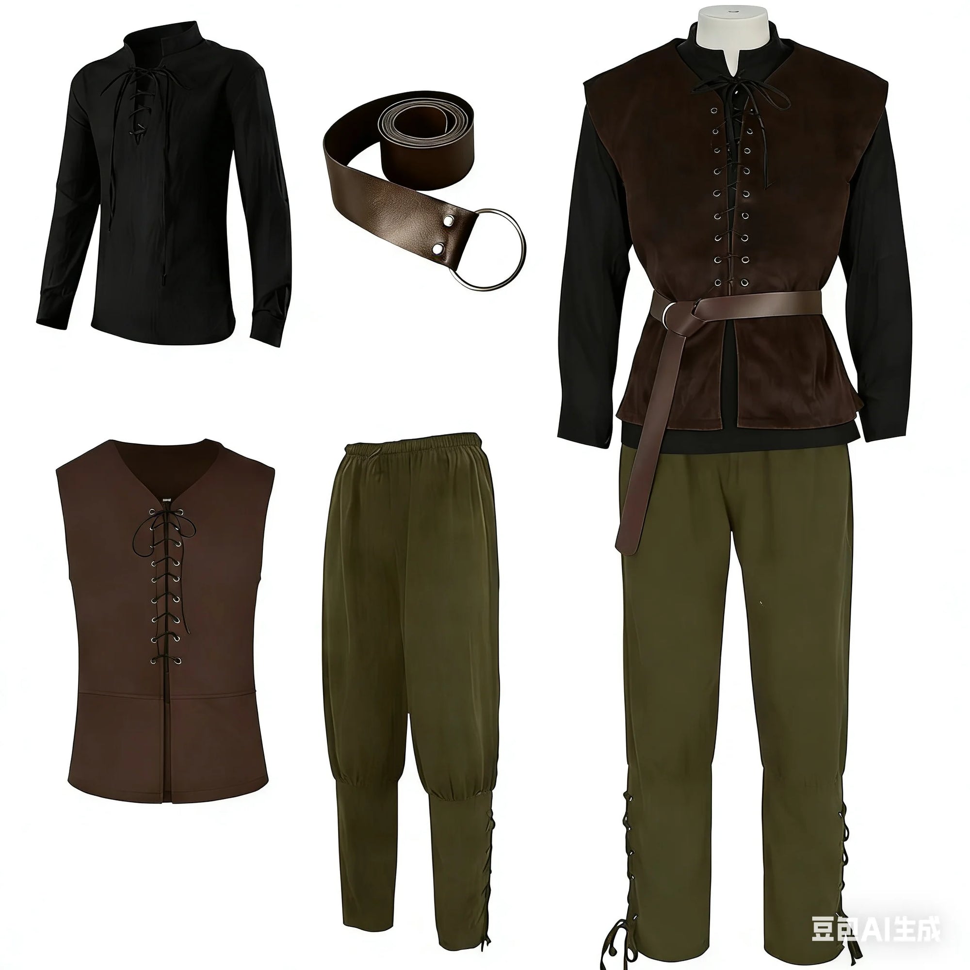 Men's 4 Pcs Renaissance Set Medieval Vest Shirt Ankle Banded Pants Viking Costume - alternate view 7