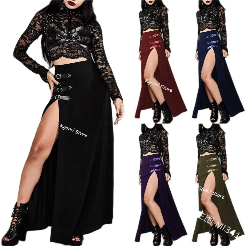 Women's Gothic Pirate Witch High-Waist Slit Costume Skirt