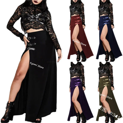 Women's Gothic Pirate Witch High-Waist Slit Costume Skirt