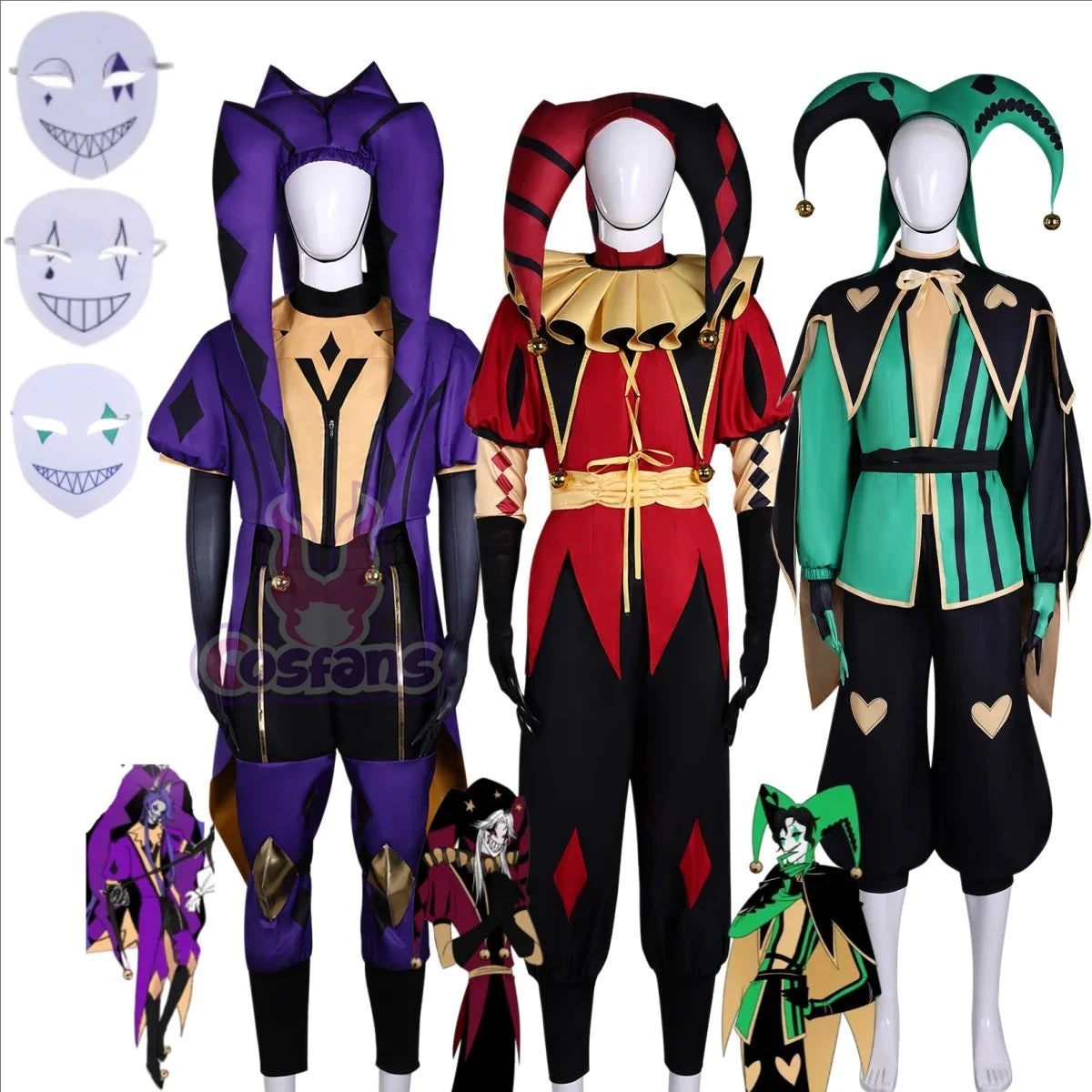 The Freak Circus Pierrot Jester Harlequin Costume Clown Purple Red Green Uniform Hat Man - jester / XXXL