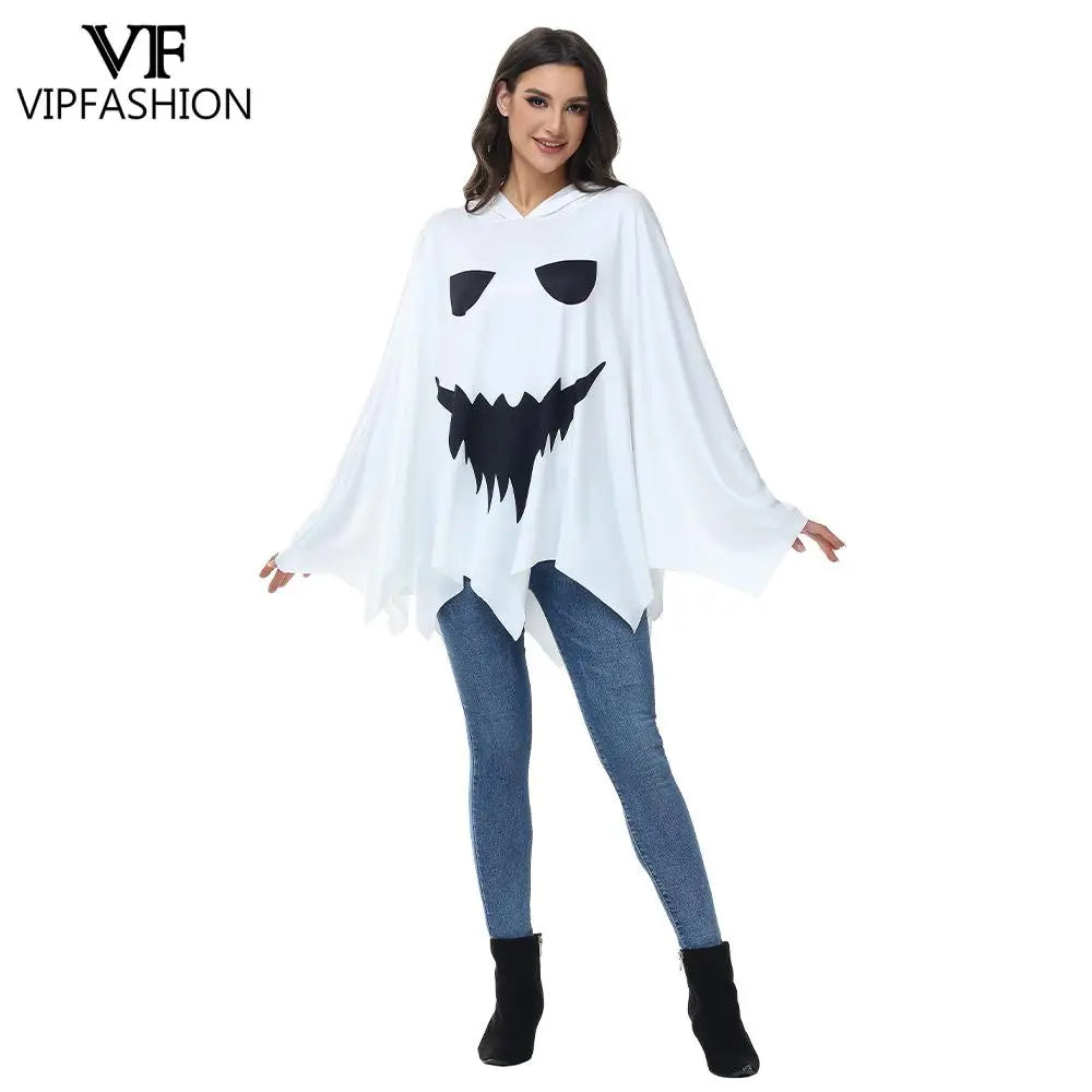 VIP FASHION Halloween Ghost Cloak Scary Cosplay Costume Horror Face Printed White Hood Cape Day of the Dead - product image 4