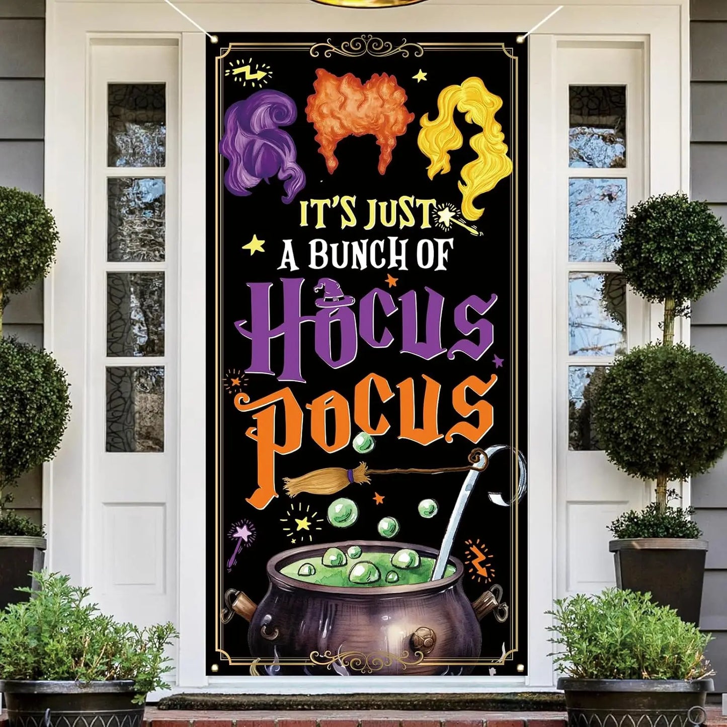 Halloween Door Cover, Hocus Pocus Sanderson Sisters Front Porch Door Sign Banner, Halloween Decorations and Supplies for Home