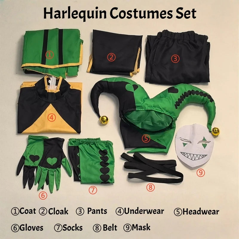 The Freak Circus Harlequin Clown Costume Coat Hat Shawl Belt Gloves Socks Outfit for - Costume Set / M
