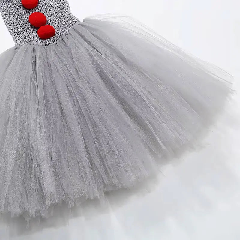 Girls Gray Creepy Clown Costume Handmade Mesh Tutu Dress Kids Halloween Carnival Cosplay